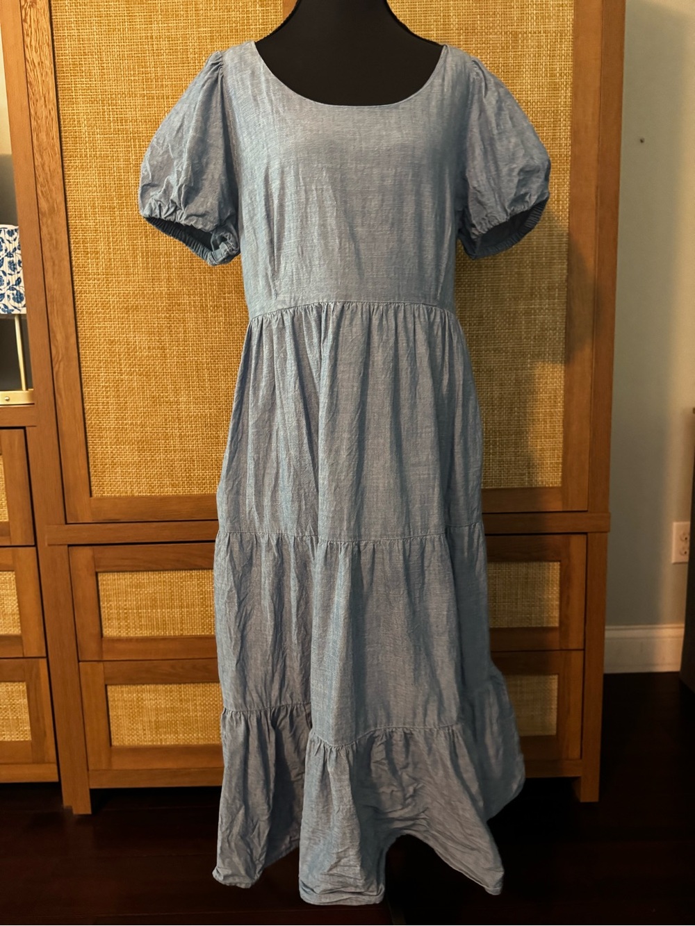 J. Crew Light Blue Chambray Puff-Sleeve Tiered Midi Dress
